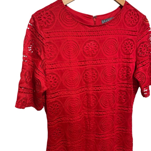 Sharagano Vibrant Red Lace Short Sleeve Midi Dress Size 6 - Picture 6 of 13